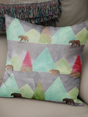 Mountains and Bears Throw Pillow, Rustic Cabin Decor 14x14